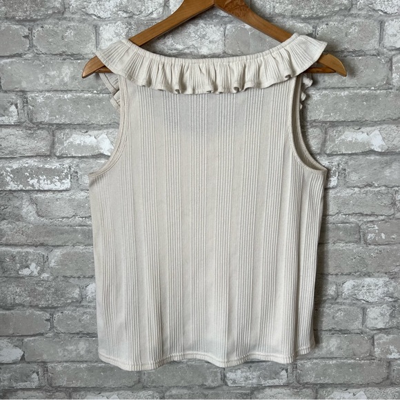 Madewell Women's Small Antique Cream Ribbed Pointelle Ruffled Scoop Tank Top - Picture 6 of 10